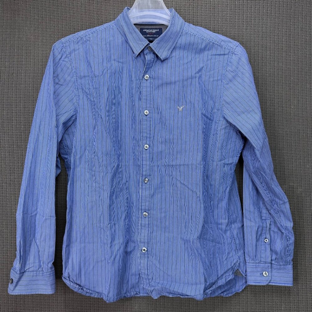 American Eagle Mens Size L Blue Slim Fit Striped Button-Down Shirt Long Sleeve